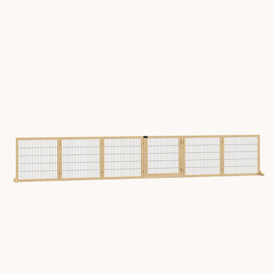 6-Panel Foldable Wooden Dog Gate, 170" Freestanding Pet Gate with Support Feet, Natural Wood