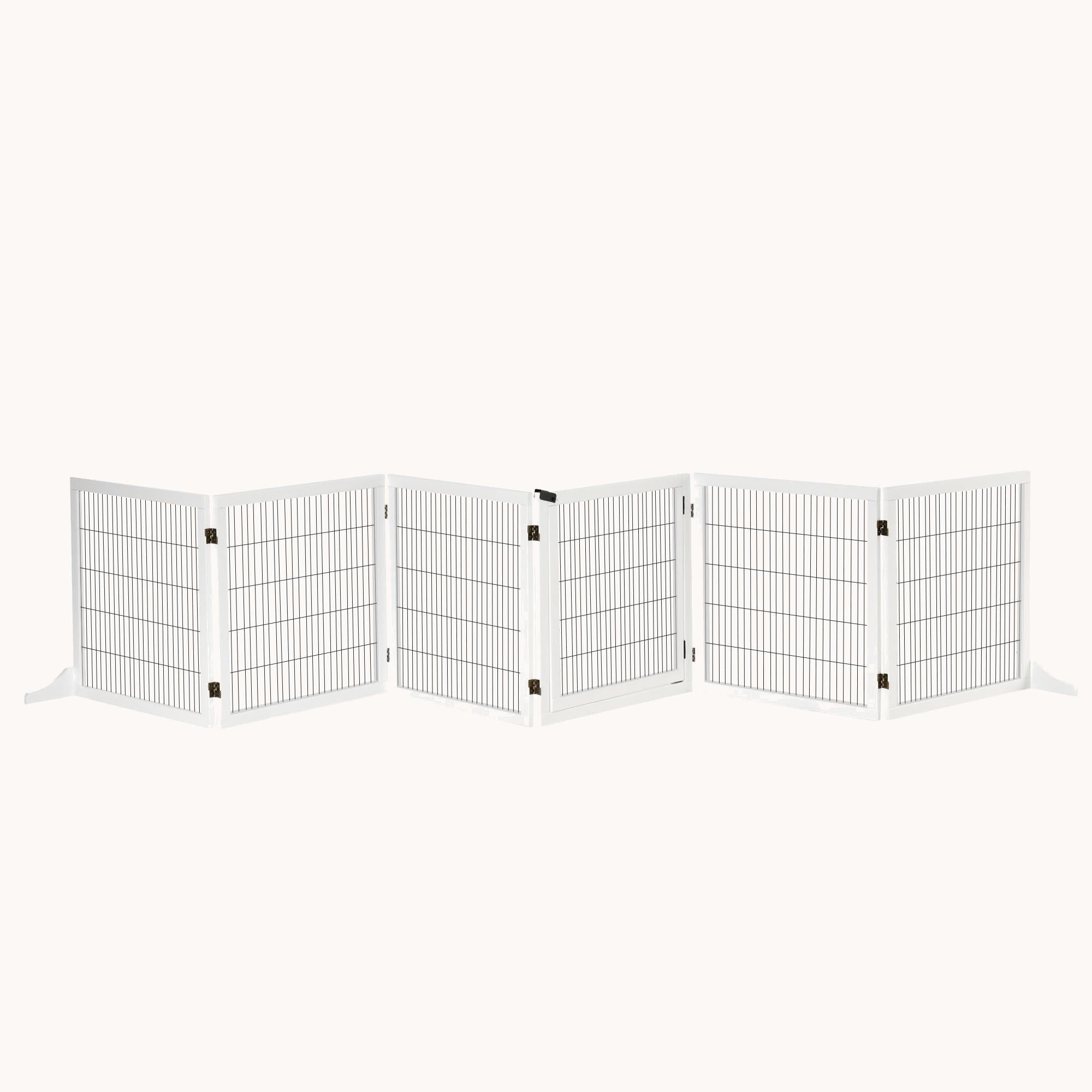 6-Panel Foldable Wooden Dog Gate, 170" Freestanding Pet Gate with Support Feet, White