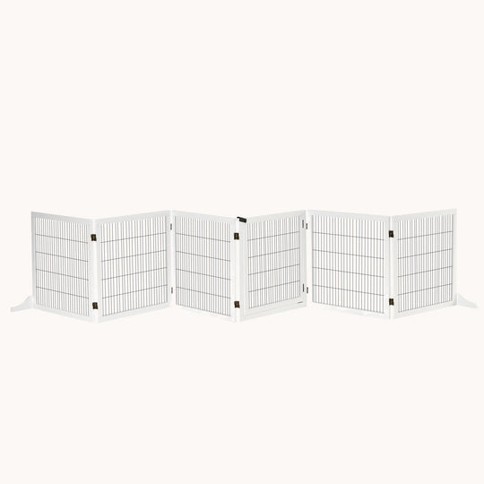 6-Panel Foldable Wooden Dog Gate 170" Freestanding with Support Feet White