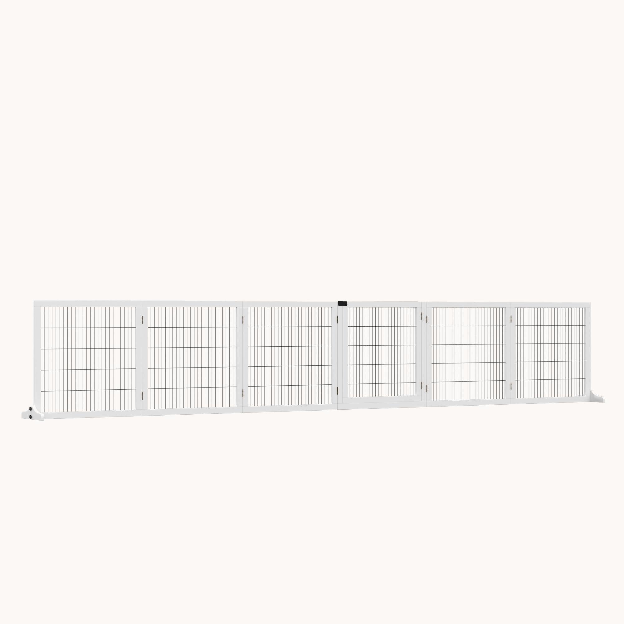 6-Panel Foldable Wooden Dog Gate, 170" Freestanding Pet Gate with Support Feet, White