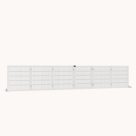 6-Panel Foldable Wooden Dog Gate, 170" Freestanding Pet Gate with Support Feet, White