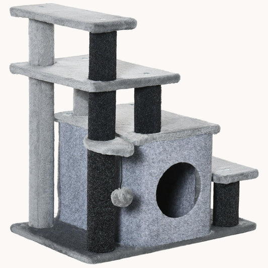 3/4-Step Cat Steps with Adjustable-Height, Scratching Post, Condo & Toy Ball, Gray