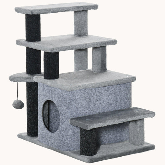 3/4-Step Cat Steps with Adjustable-Height, Scratching Post, Condo & Toy Ball, Gray