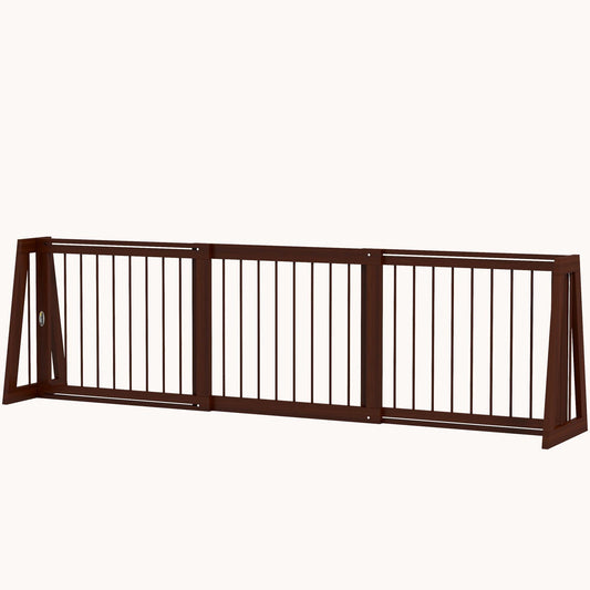 3-Panel Freestanding Wooden Pet Gate with Support Feet & Non-Slip Mats for Indoor, Brown