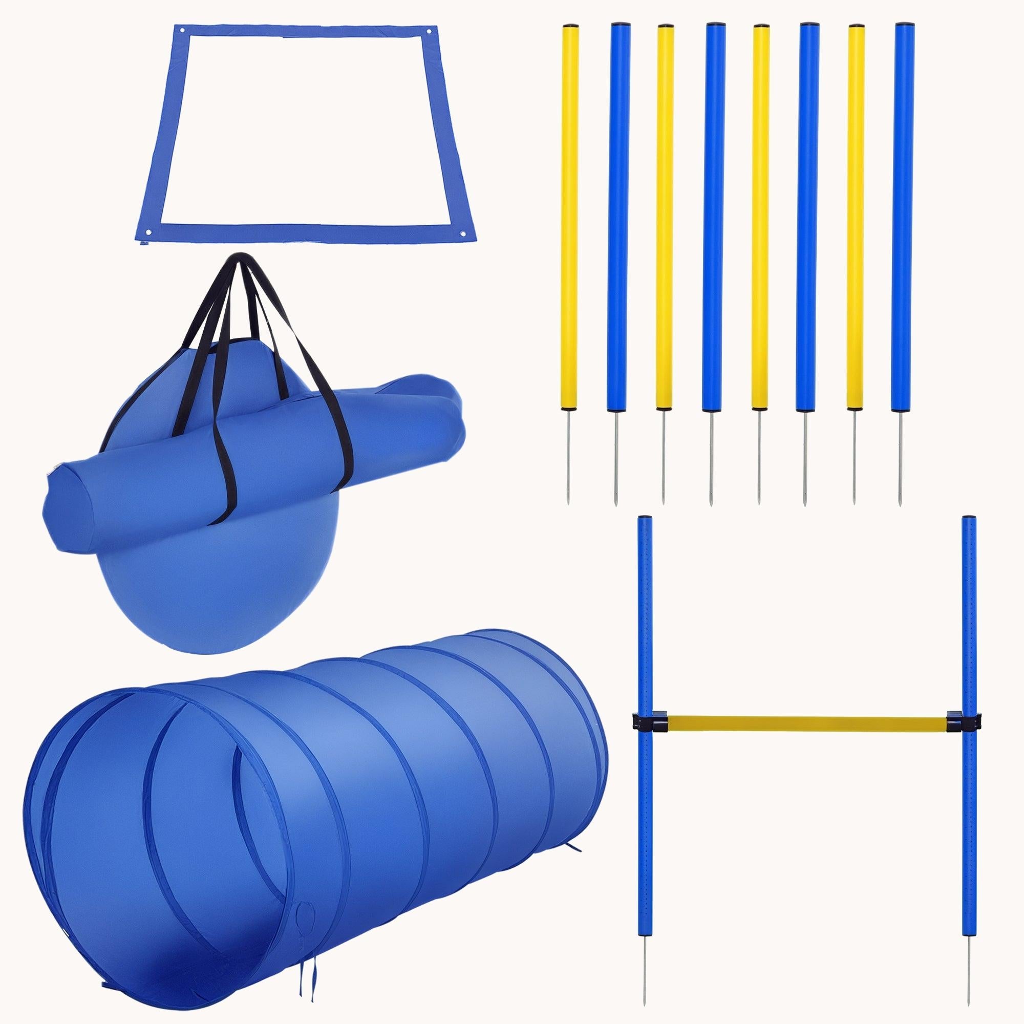 4PC Dog Agility Training Kit Jump Hurdle Tunnel Pause Box Weave Poles and Carrying Bag Blue/Yellow