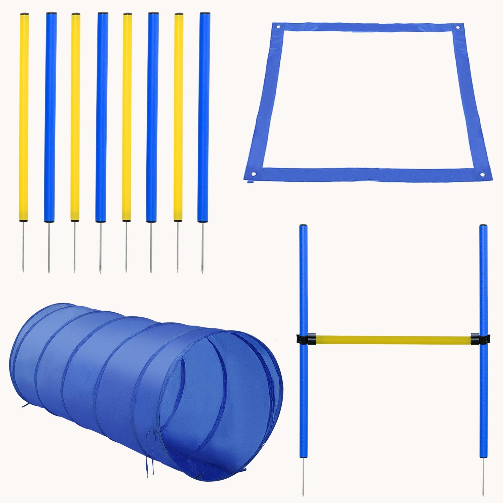 4PC Dog Agility Training Kit Jump Hurdle Tunnel Pause Box Weave Poles and Carrying Bag Blue/Yellow