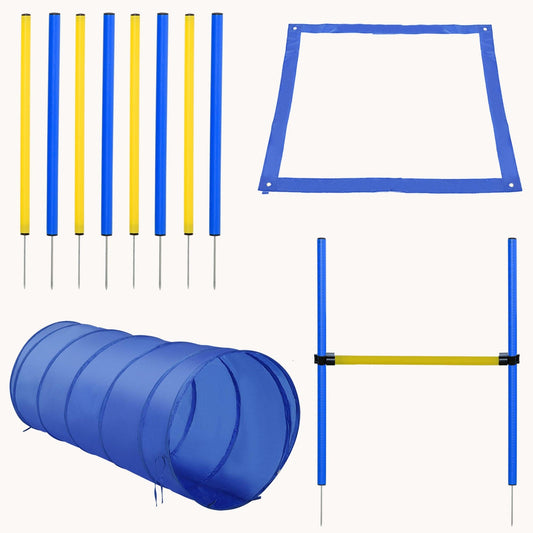 4PC Dog Agility Training Kit Jump Hurdle Tunnel Pause Box Weave Poles and Carrying Bag Blue/Yellow