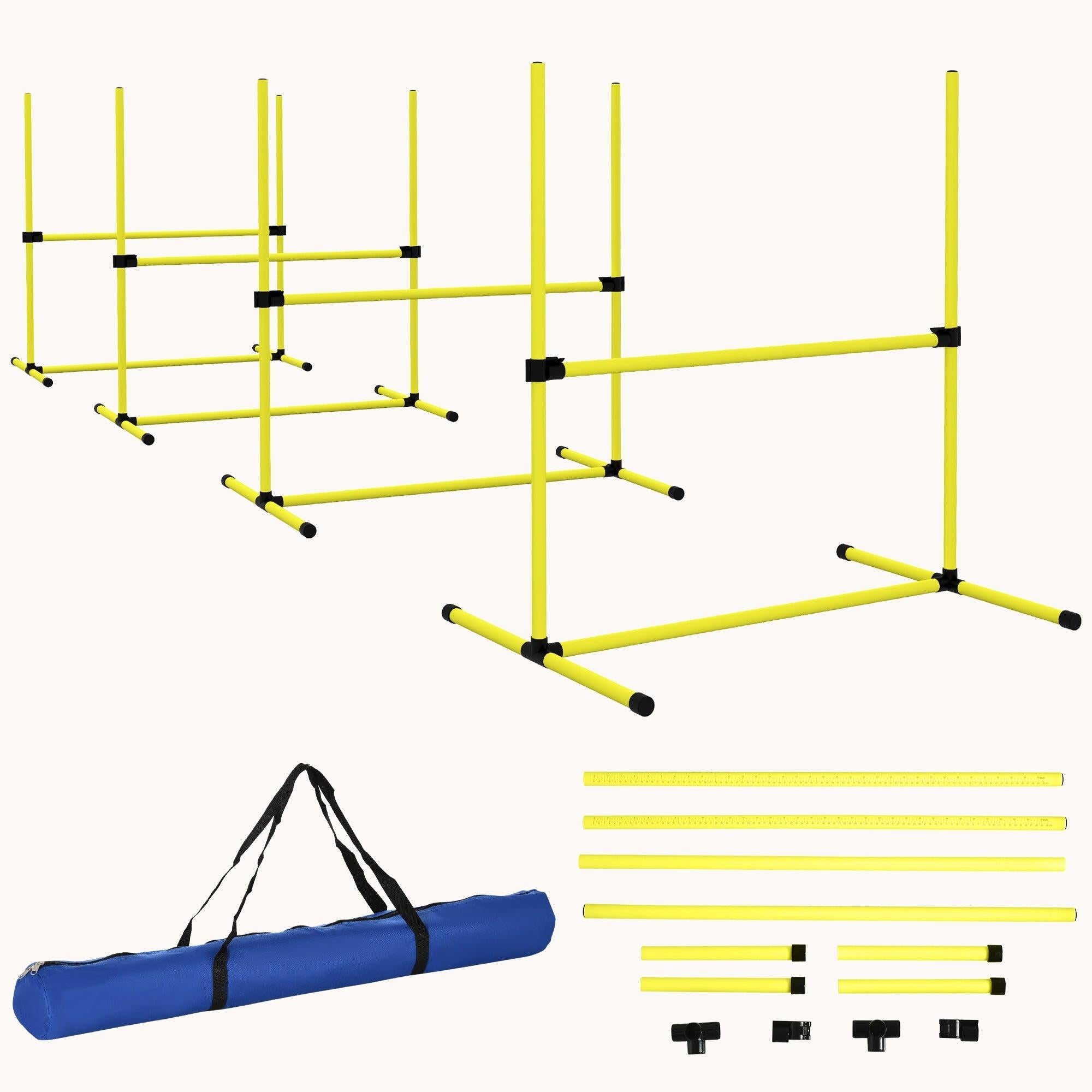 4-Piece Adjustable Height Dog Agility Training Set with Displacing Top Bar & Carry Bag, Yellow
