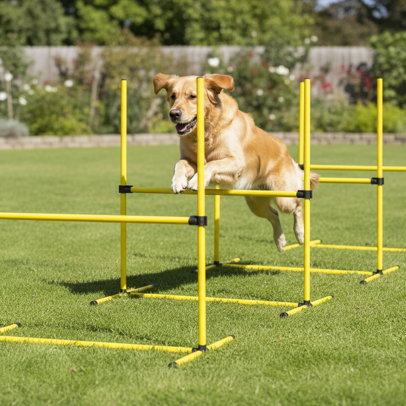 PawHut 4 Piece Dog Agility Training Equipment for Dog Agility Course with Adjustable Height Jump Bars, Included Carry Bag, & Displacing Top Bar, Yellow