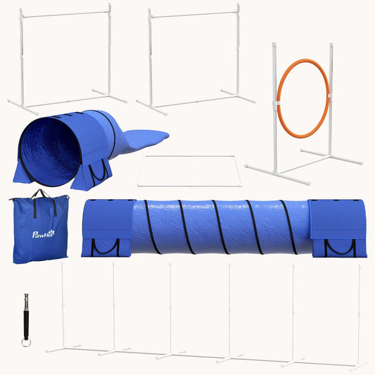 7-Piece Dog Agility Training Kit with Adjustable Hurdles, Tunnels & Weave Poles, Blue