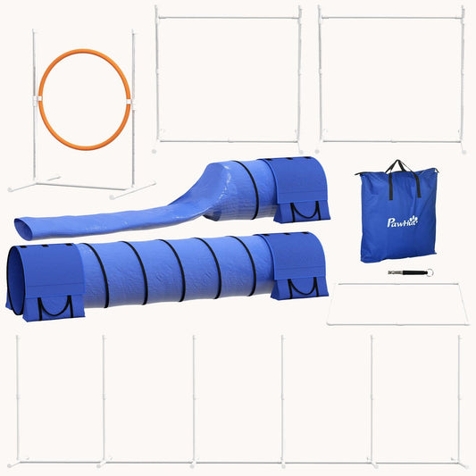7-Piece Dog Agility Training Kit with Adjustable Hurdles, Tunnels & Weave Poles, Blue