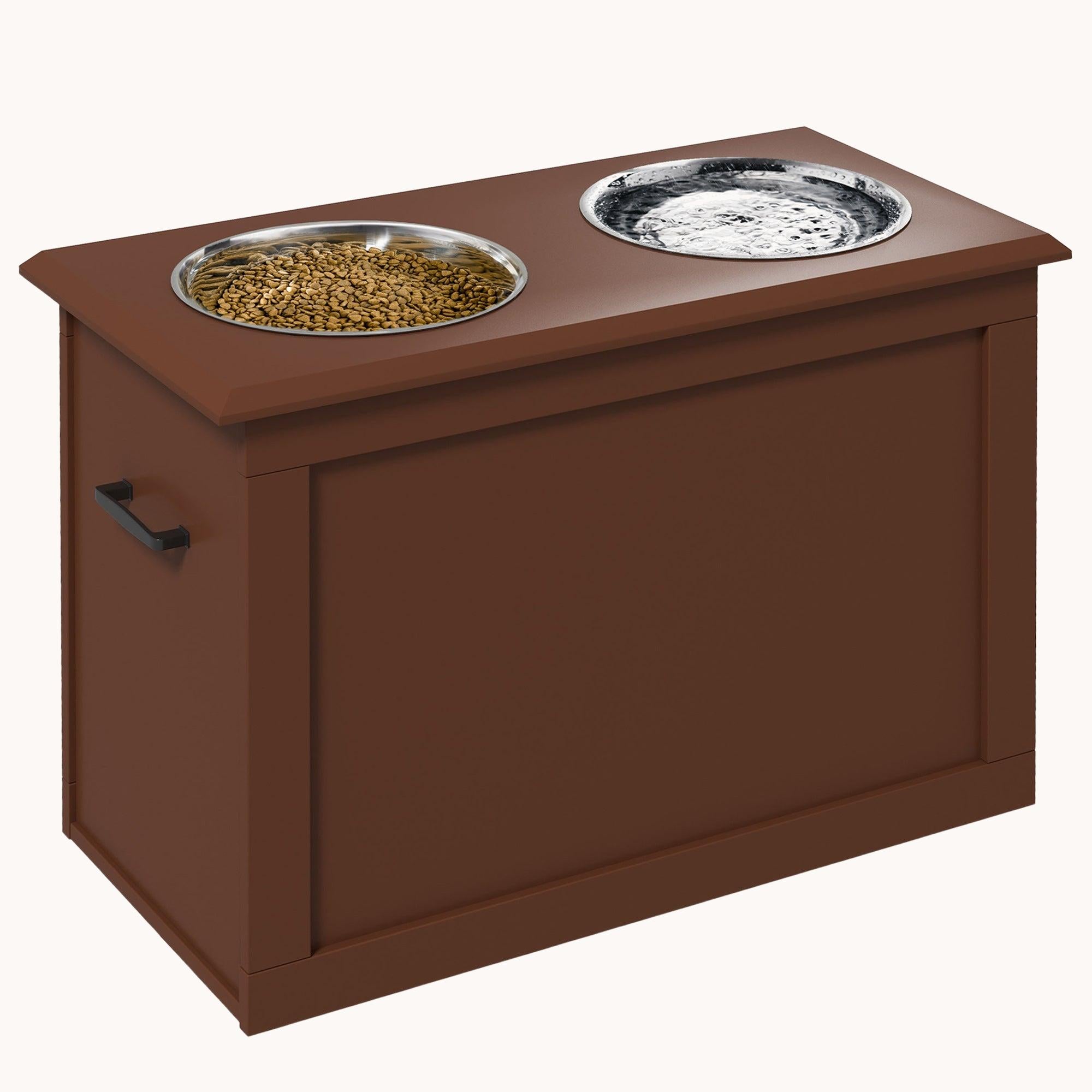 Elevated Dog Feeding Station with 2 Steel Bowls and Storage for Large Dogs, Brown