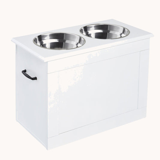 Elevated Dog Feeding Station with 2 Steel Bowls and Storage for Large Dogs, White