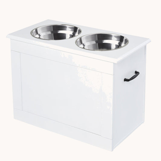 Elevated Dog Feeding Station with 2 Steel Bowls and Storage for Large Dogs, White