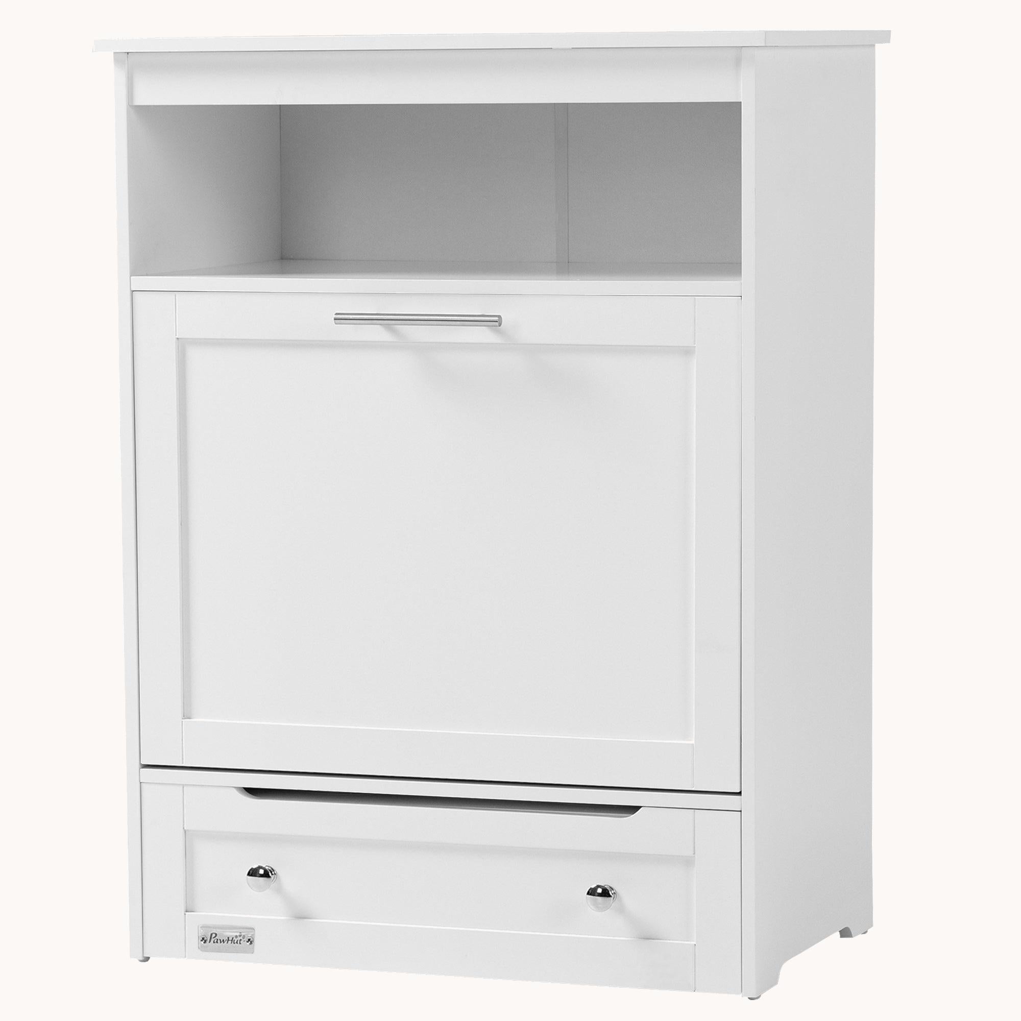 Pet Feeding Station with Dog Food Storage Cabinet and Pull-out Drawer Dog Bowls, White