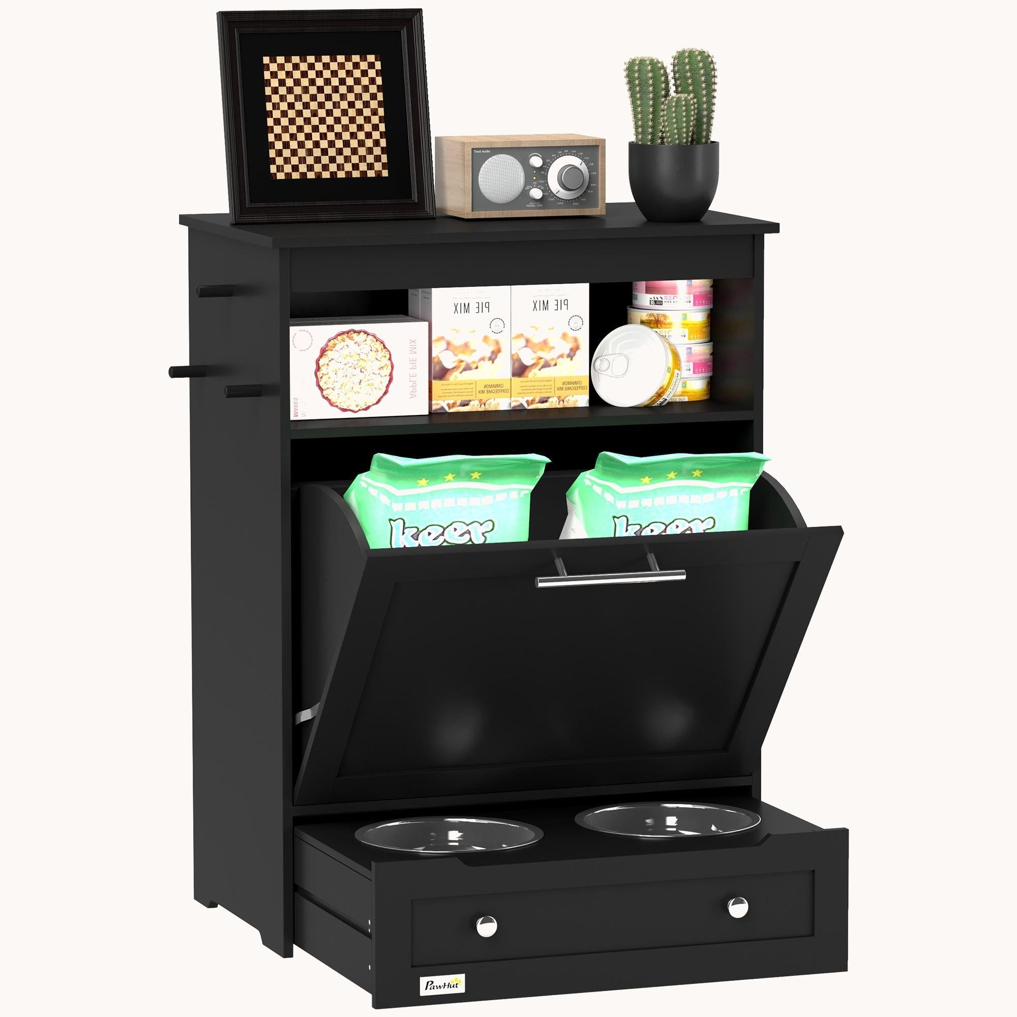 Dog Feeder Station with Dog Food Storage Container, Hidden Dog Bowls & Side Hooks, Black