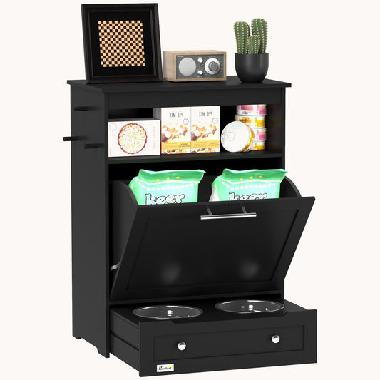 Dog Feeder Station with Dog Food Storage Container, Hidden Dog Bowls & Side Hooks, Black