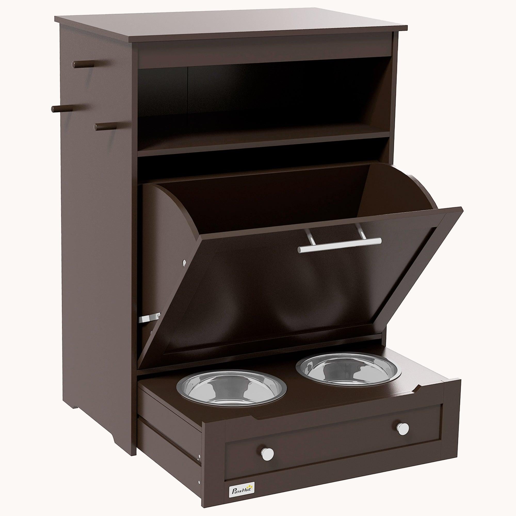 Dog Feeder Station with Food Storage Container & Hidden Dog Bowls Brown