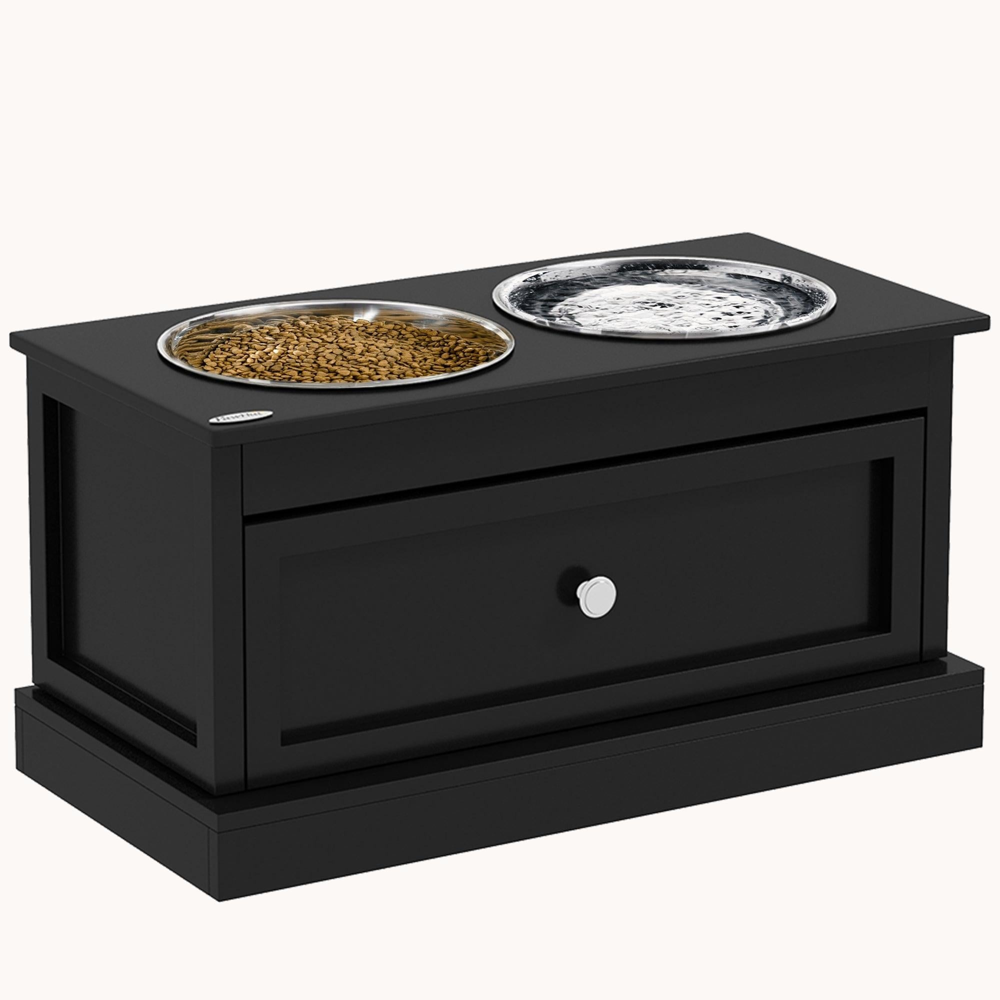 Raised Dog Bowls Double Diner with Storage Drawer Containing 11L Capacity, Black