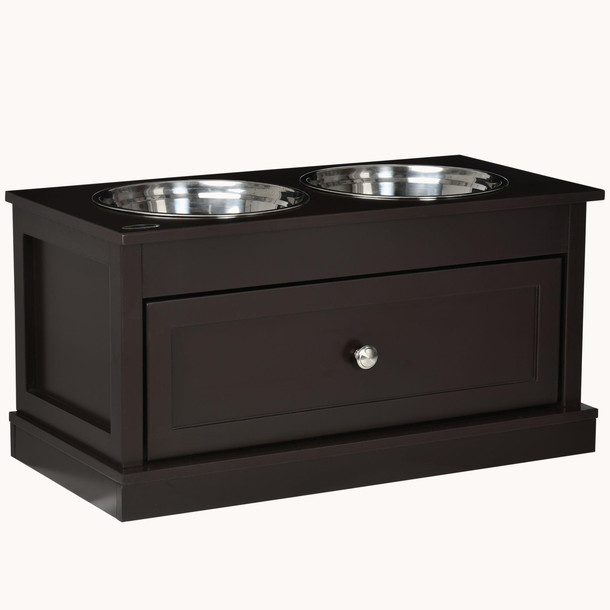Raised Dog Bowls Double Diner with Storage Drawer Containing 11L Capacity, Brown
