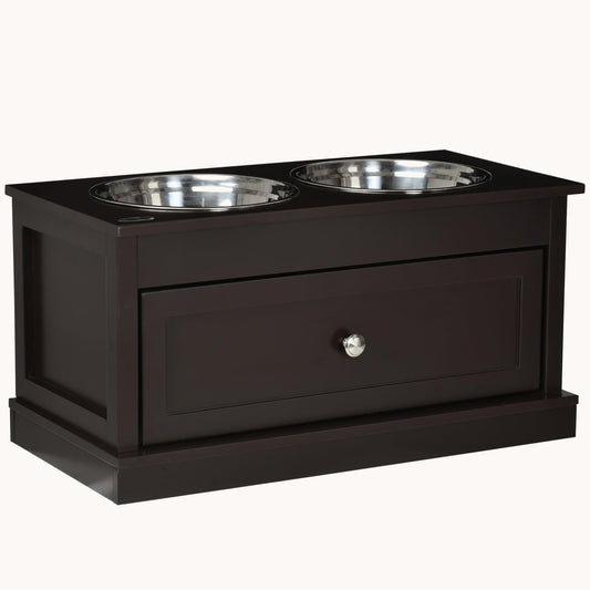 Raised Dog Bowls Double Diner with Storage Drawer Containing 11L Capacity, Brown