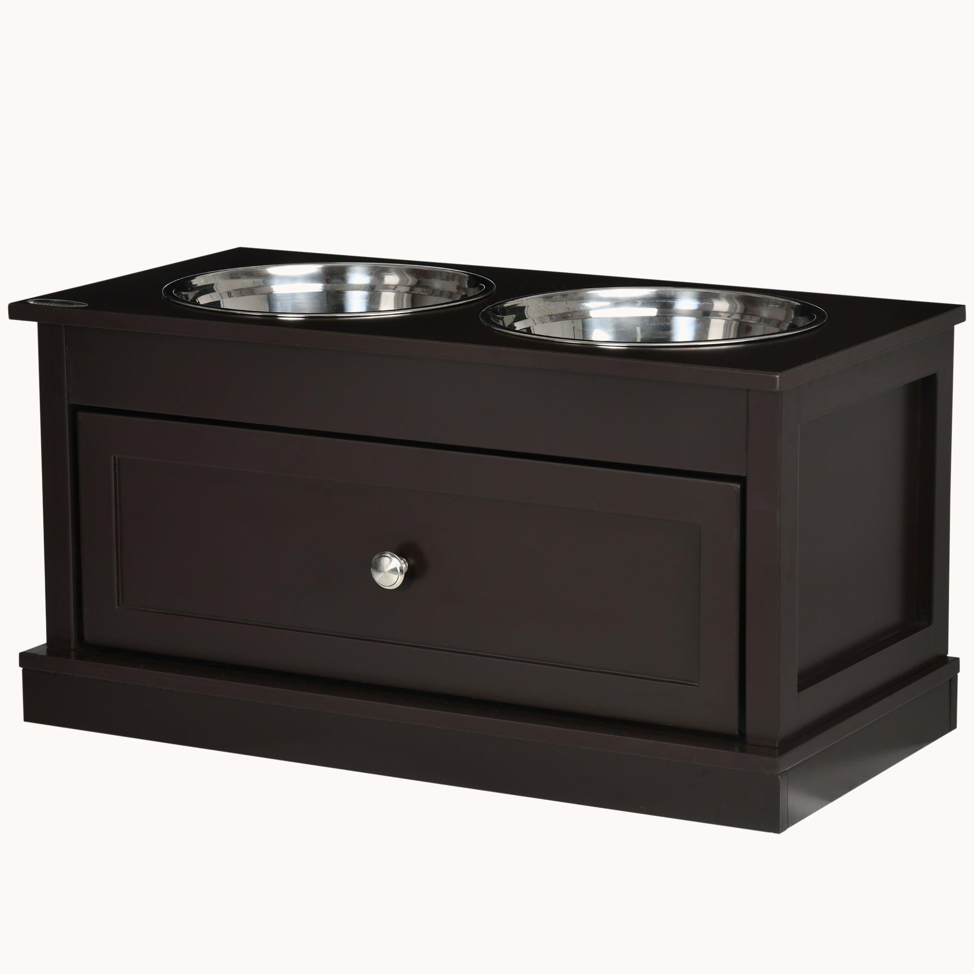 Raised Dog Bowls Double Diner with Storage Drawer Containing 11L Capacity, Brown