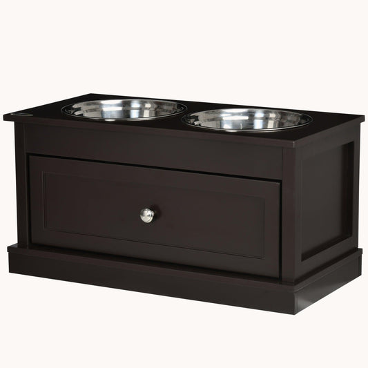 Raised Dog Bowls Double Diner with Storage Drawer Containing 11L Capacity, Brown