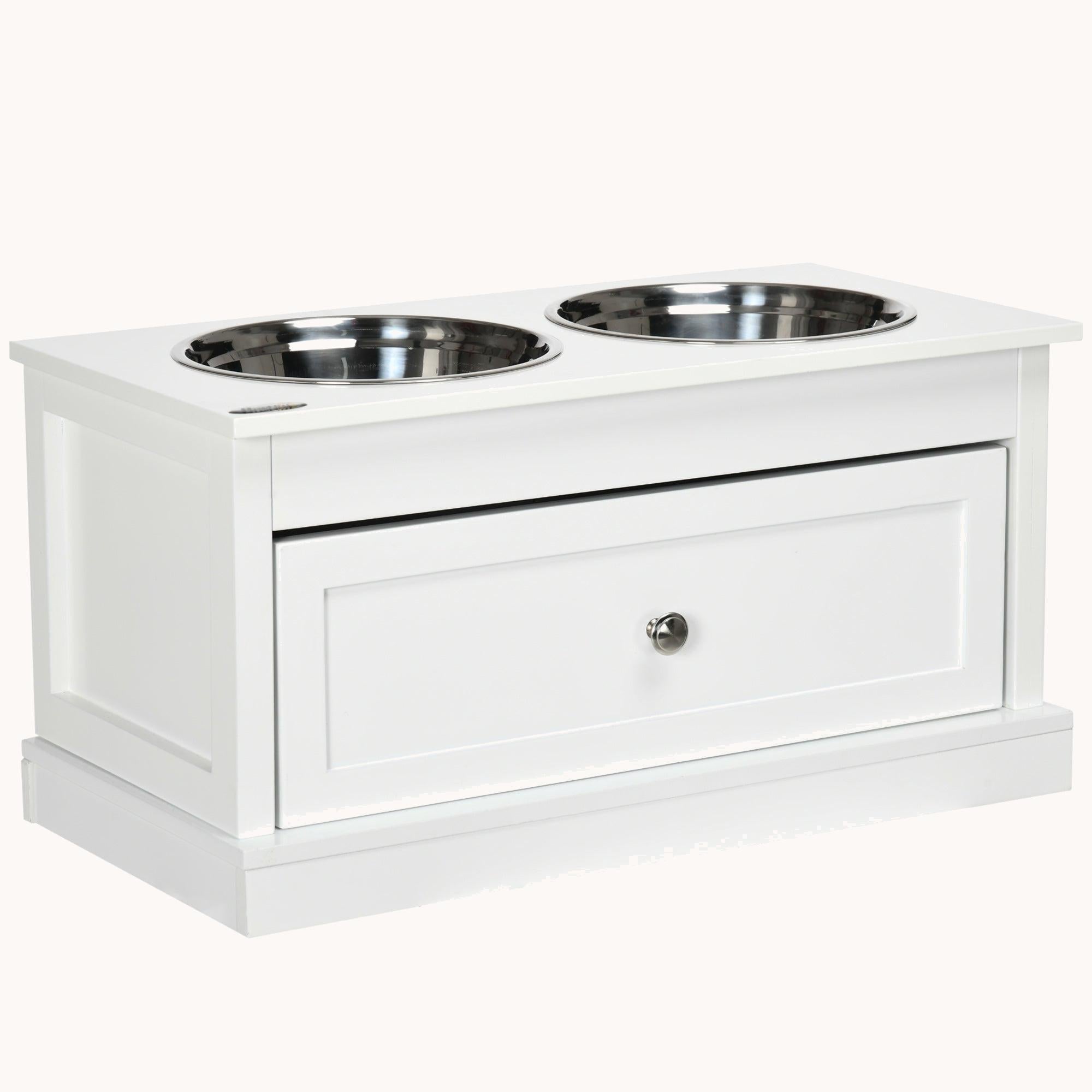 Raised Dog Bowls Double Diner with Storage Drawer Containing 11L Capacity, White