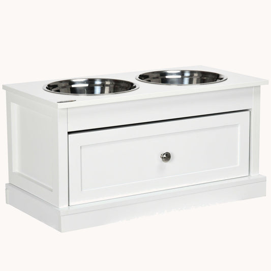 Raised Dog Bowls Double Diner with Storage Drawer Containing 11L Capacity, White