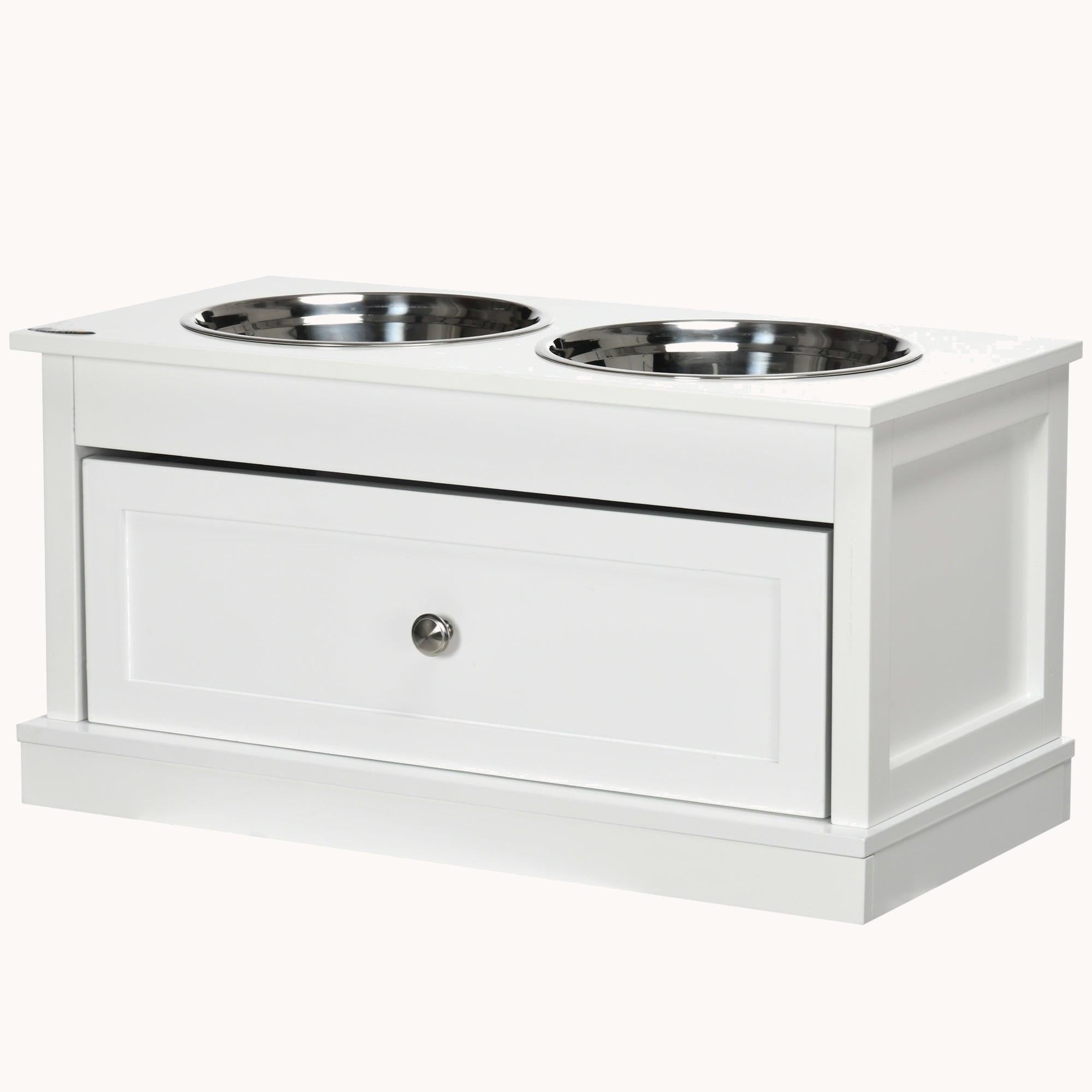 Raised Dog Bowls Double Diner with Storage Drawer Containing 11L Capacity, White