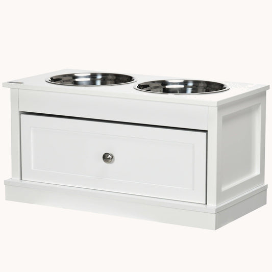 Raised Dog Bowls Double Diner with Storage Drawer Containing 11L Capacity, White