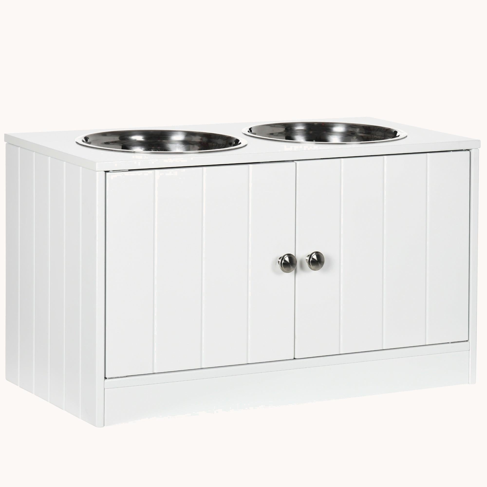 Raised Dog Bowl Stand with Storage Cabinet Containing Large 44L Capacity, White