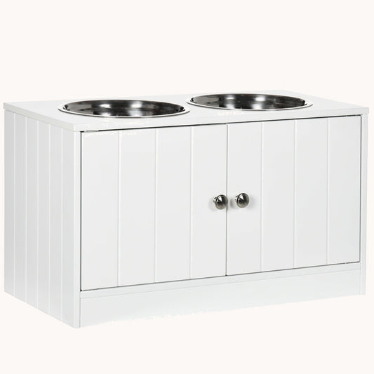 Raised Dog Bowl Stand with Storage Cabinet Containing Large 44L Capacity, White