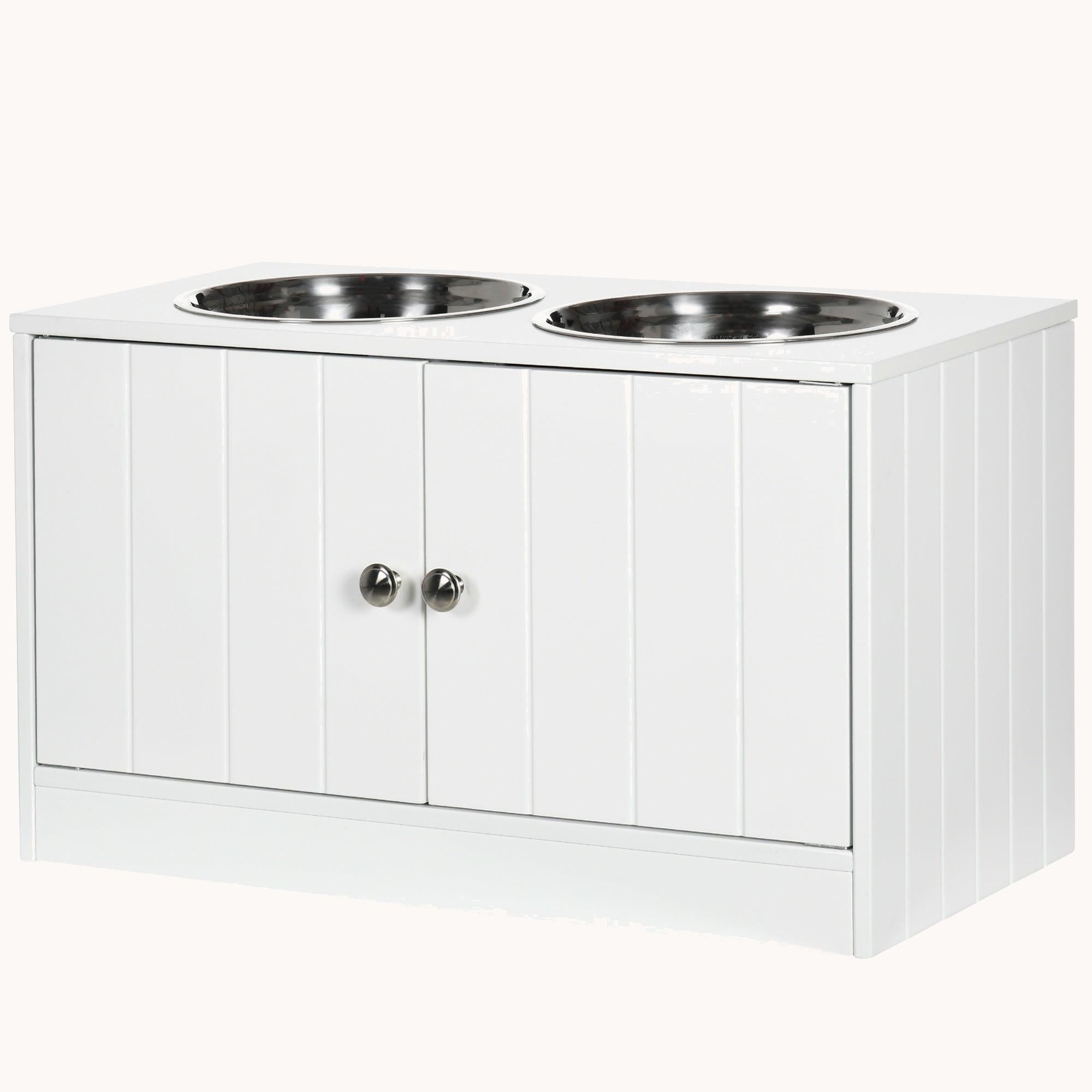 Raised Dog Bowl Stand with Storage Cabinet Containing Large 44L Capacity, White