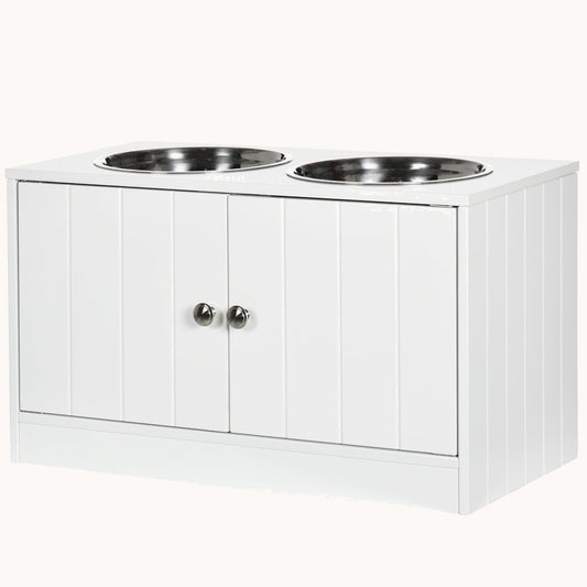 Raised Dog Bowl Stand with Storage Cabinet Containing Large 44L Capacity, White