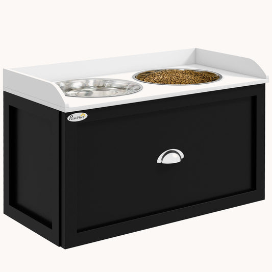Dog Bowl Stand with Storage, 2 Elevated Pet Dish Bowls Set for Large Dogs, White and Black