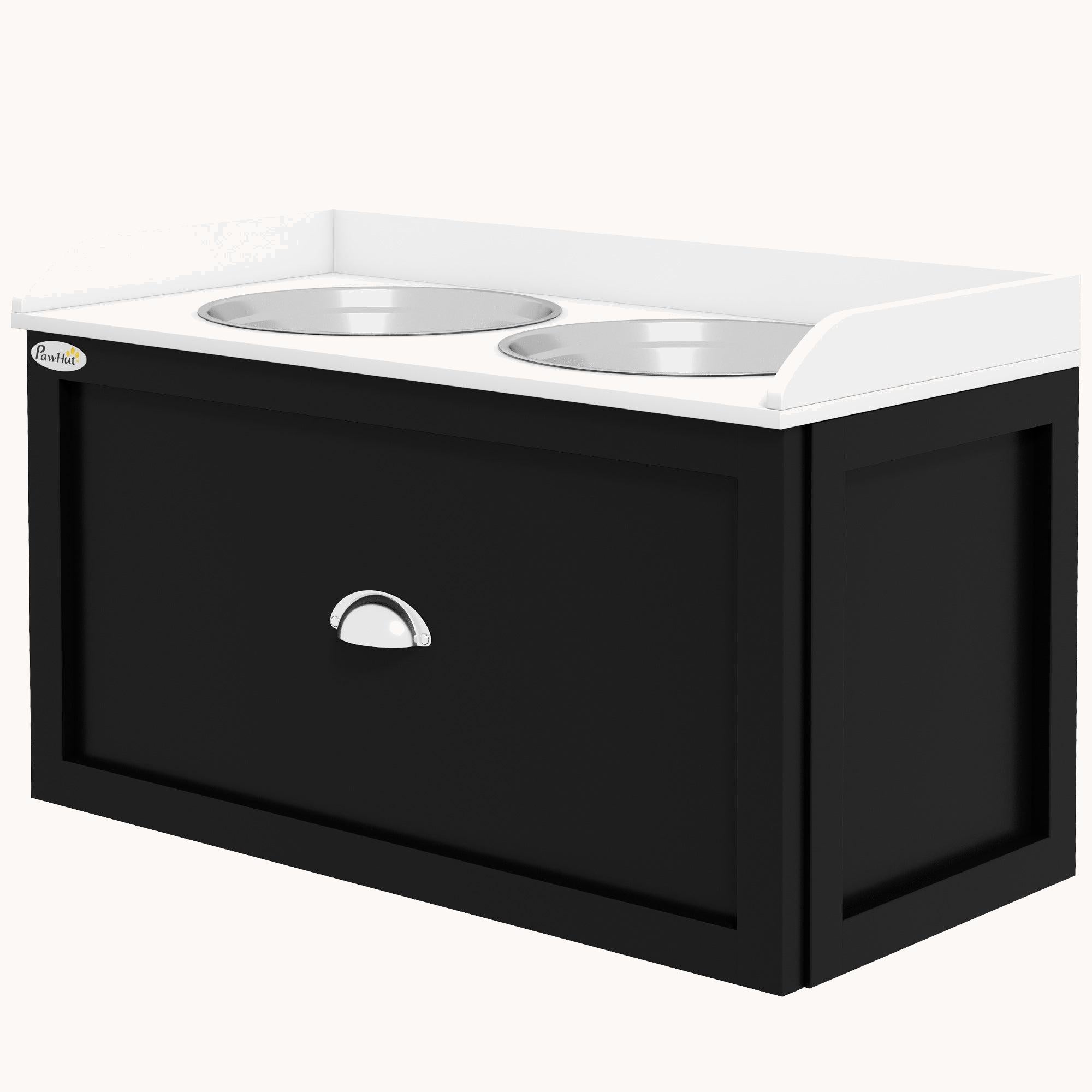 Dog Bowl Stand with Storage, 2 Elevated Pet Dish Bowls Set for Large Dogs, White and Black
