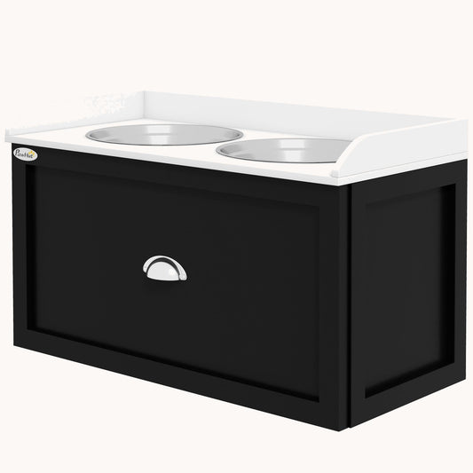 Dog Bowl Stand with Storage, 2 Elevated Pet Dish Bowls Set for Large Dogs, White and Black