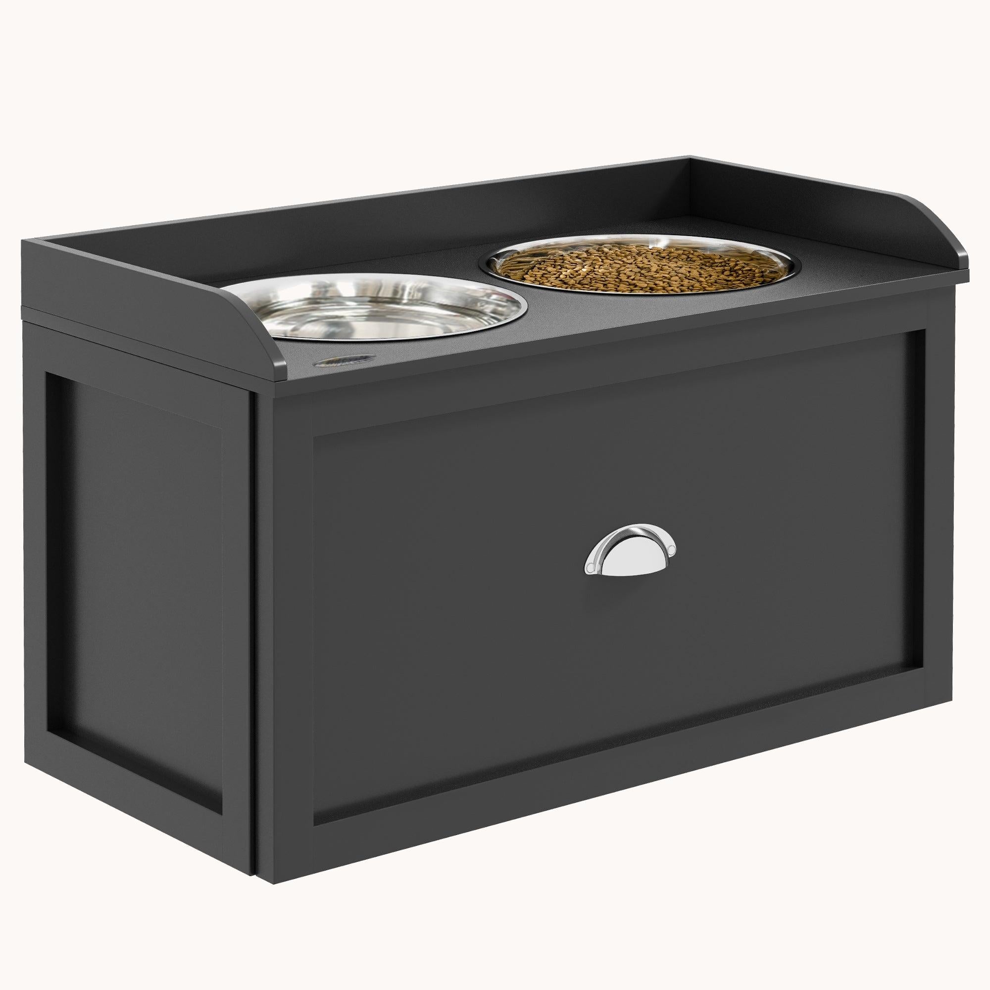 Dog Bowl Stand with Storage, 2 Elevated Pet Dish Bowls Set for Large Sized Dogs, Black