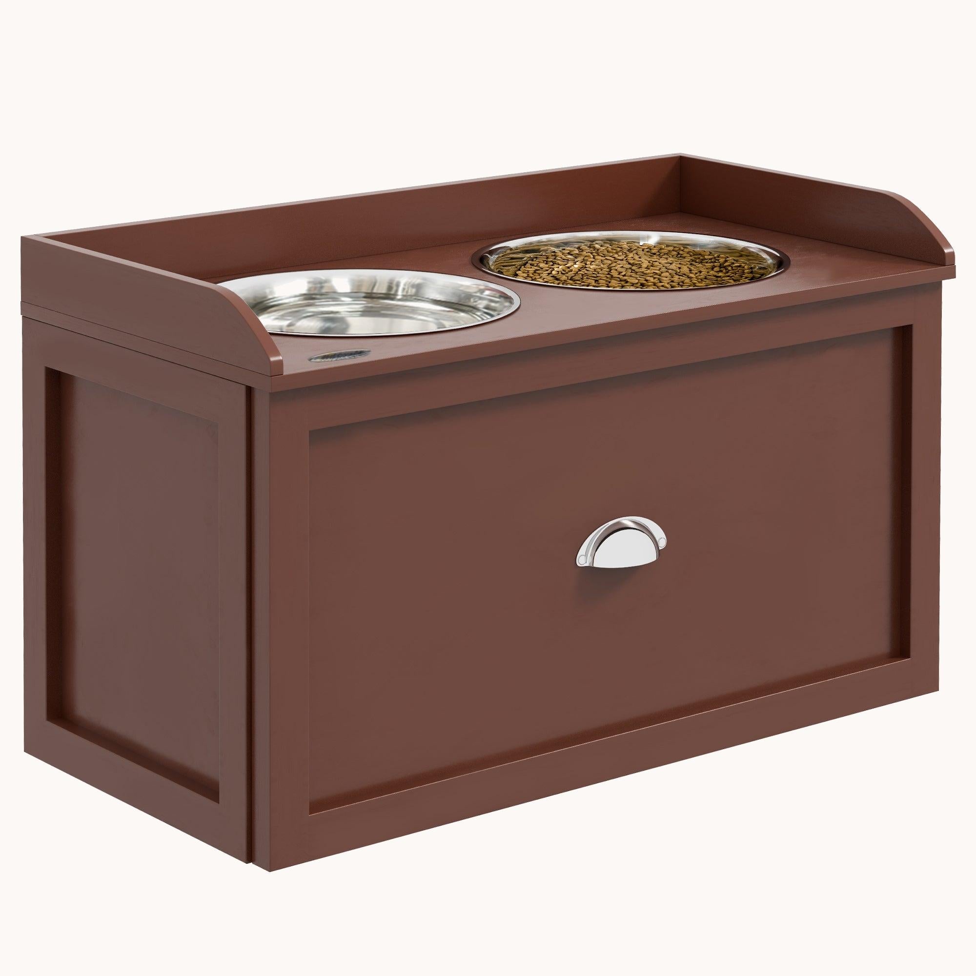 Dog Bowl Stand with Storage, 2 Elevated Pet Dish Bowls Set for Large Sized Dogs, Brown