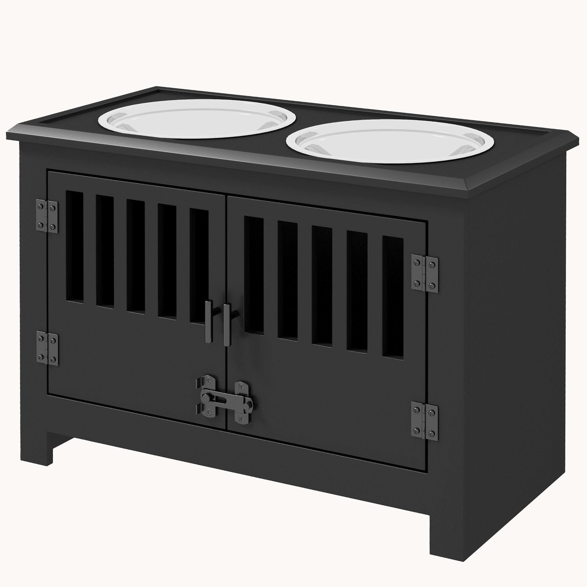 Elevated Dog Bowl Stand with 2-Bowls & Large Storage Cabinet Containing, Black
