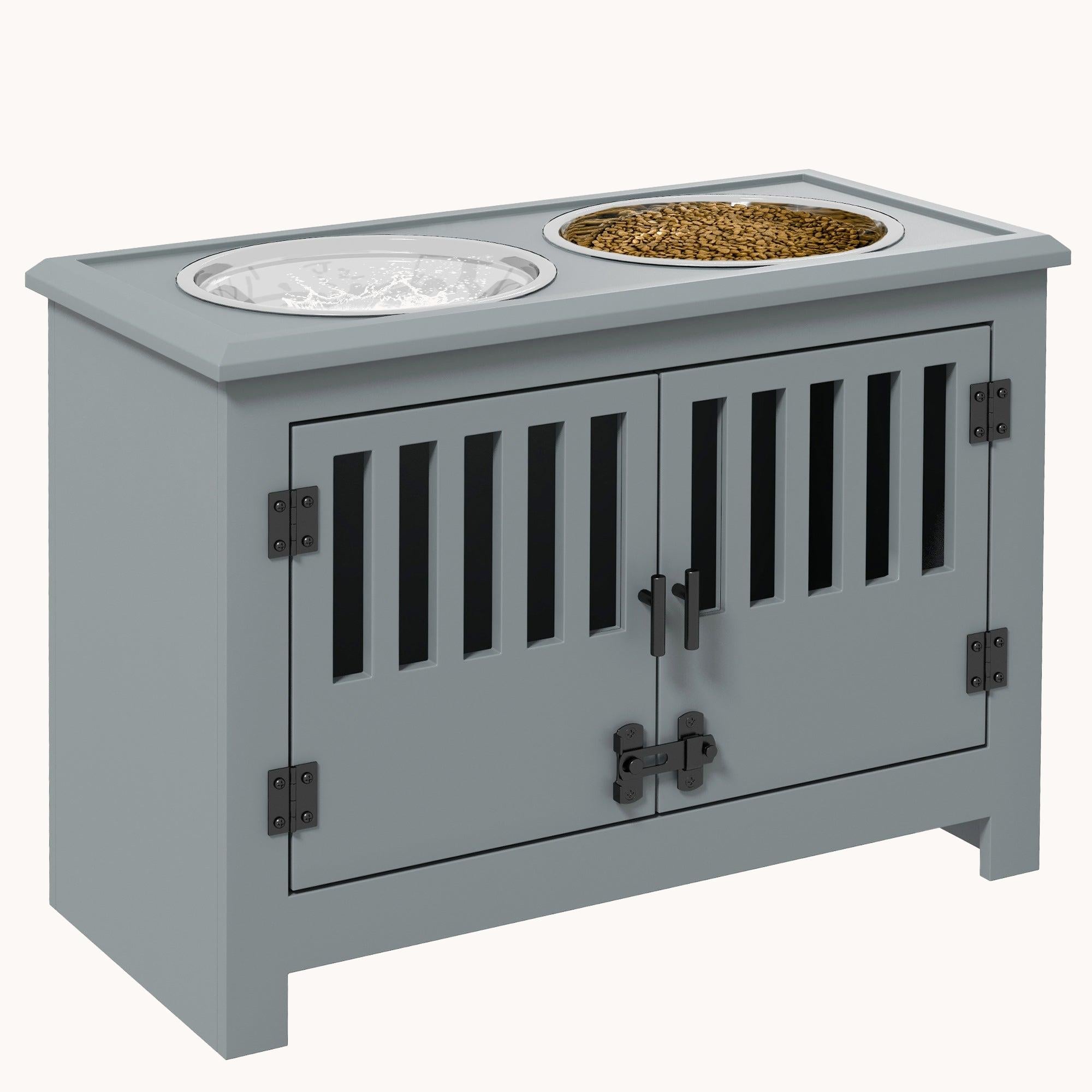 Elevated Dog Bowl Stand with 2-Bowls & Large Storage Cabinet Containing, Gray