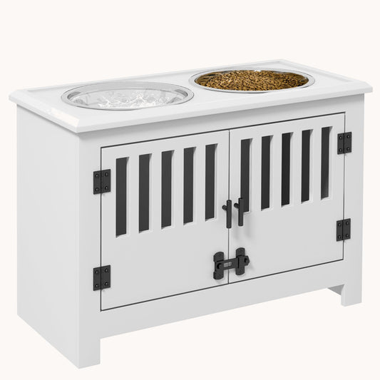 Dog Feeding Station with with 2-Bowls & Large Storage Cabinet Containing, White