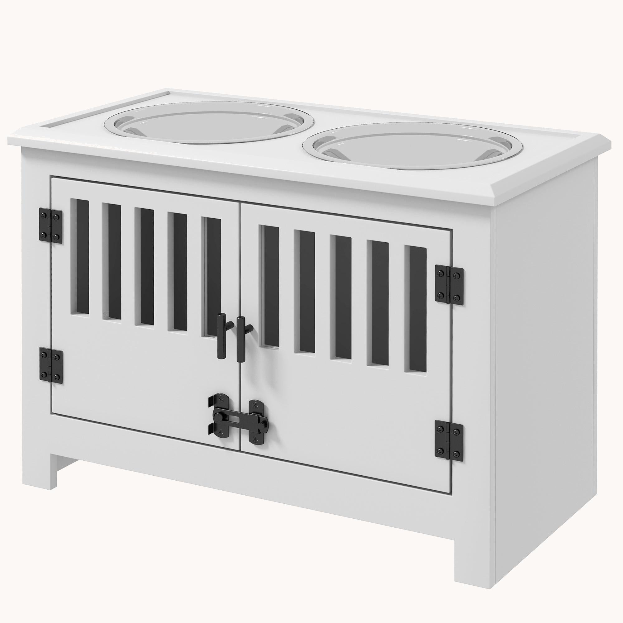Dog Feeding Station with with 2-Bowls & Large Storage Cabinet Containing, White