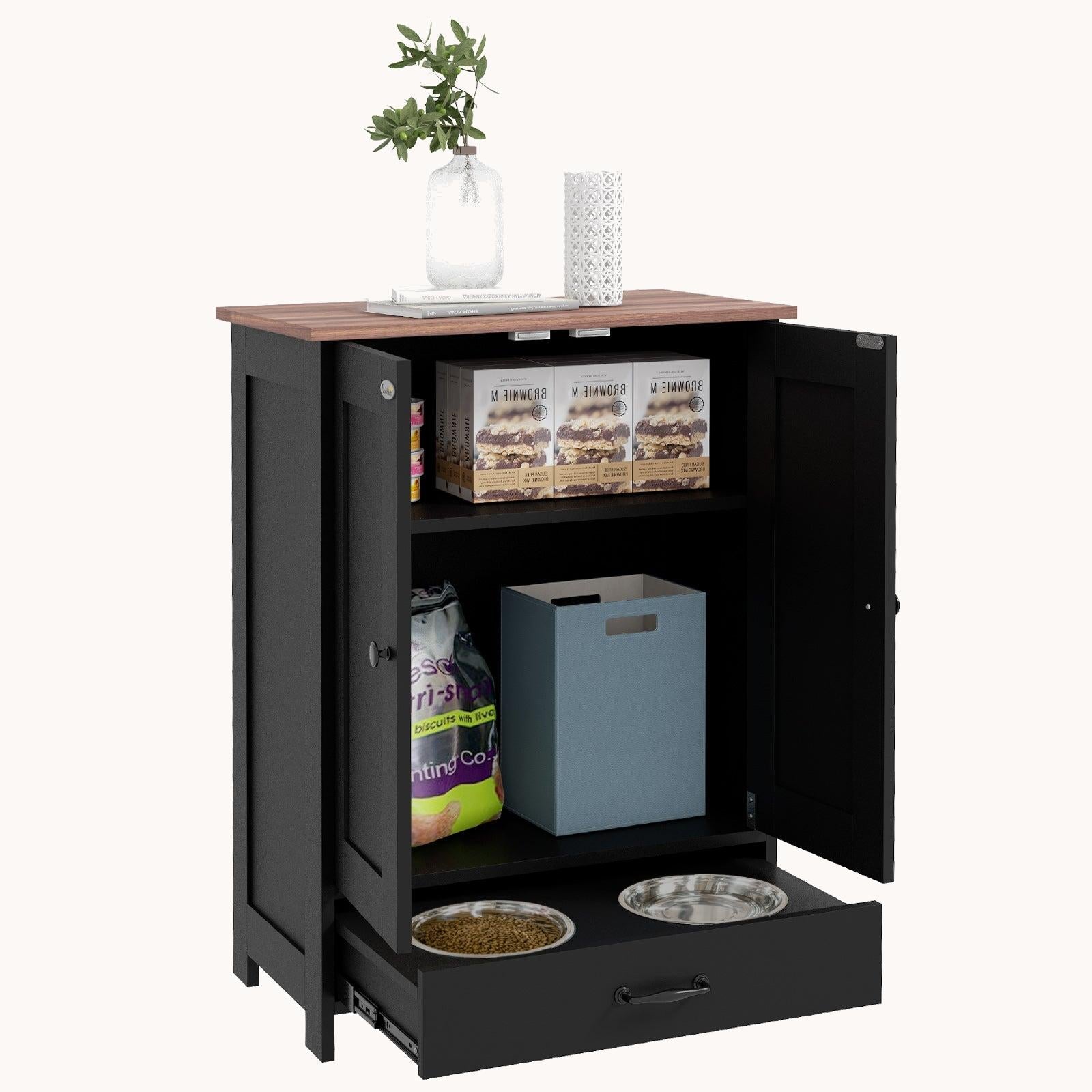 Dog Feeder Station with Food Storage Cabinet & Dog Bowls Black