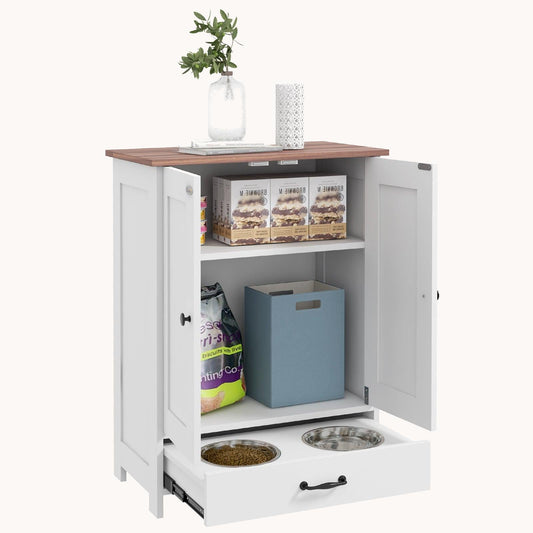 Pet Feeder Station, Dog Food Storage Cabinet with Dog Bowls, Adjustable Panel, White