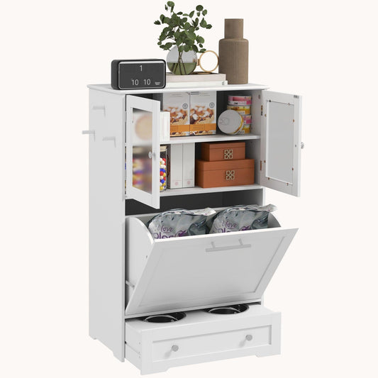 Dog Food Pantry with Two Storage Cabinets, 2 Elevated Dog Bowls, Anti-tip Kit, White