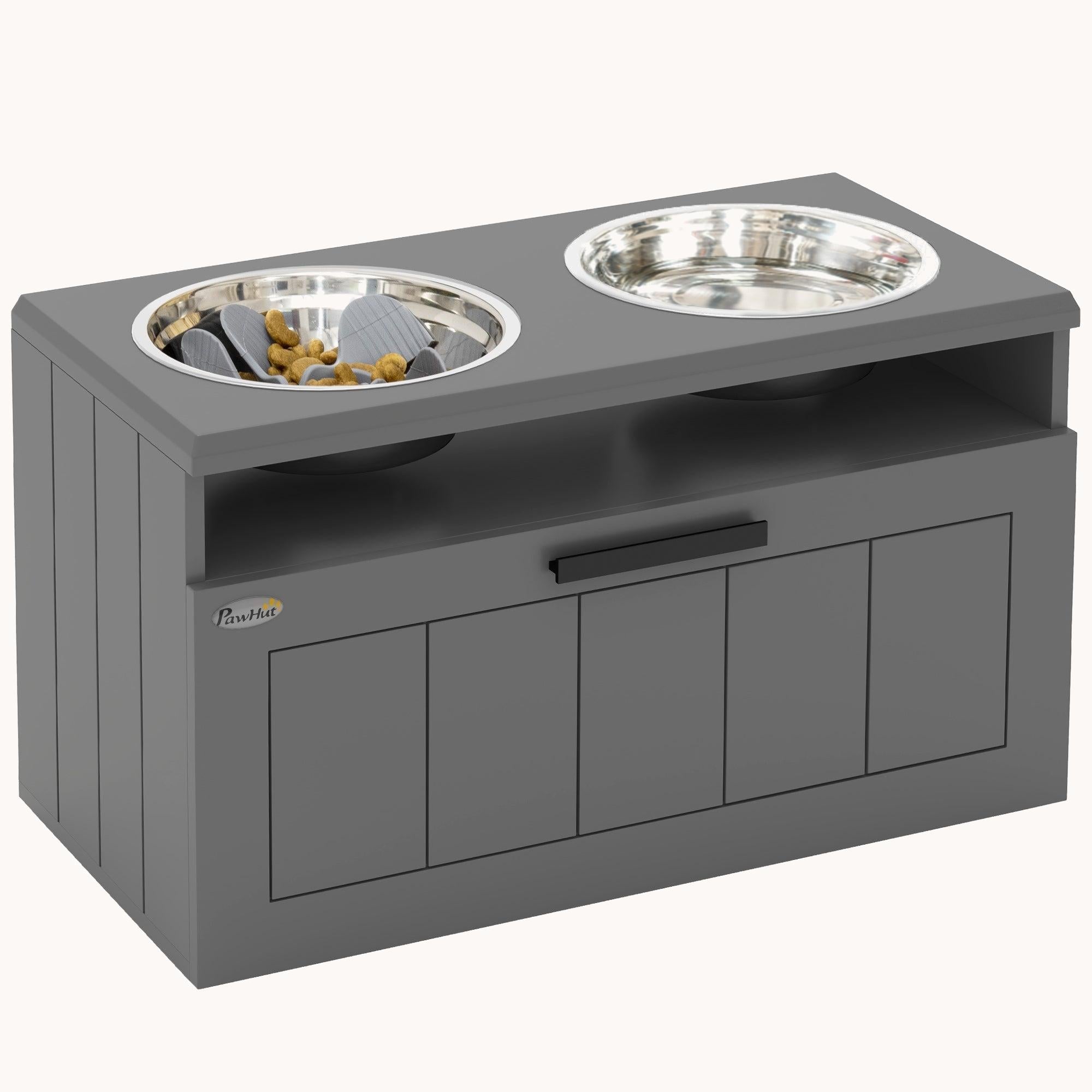 Elevated Dog Feeding Station with 2 Stainless Bowls 25L Drawer & Slow Feeder Mat Gray