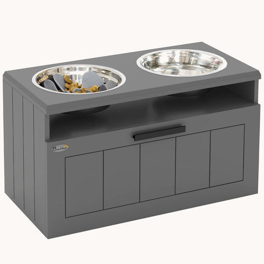 Elevated Dog Feeding Station with 2 Stainless Bowls 25L Drawer & Slow Feeder Mat Gray