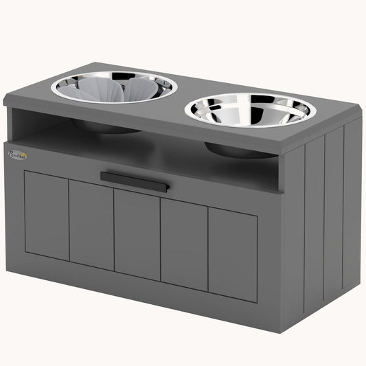 Elevated Dog Feeding Station with 2 Stainless Bowls 25L Drawer & Slow Feeder Mat Gray